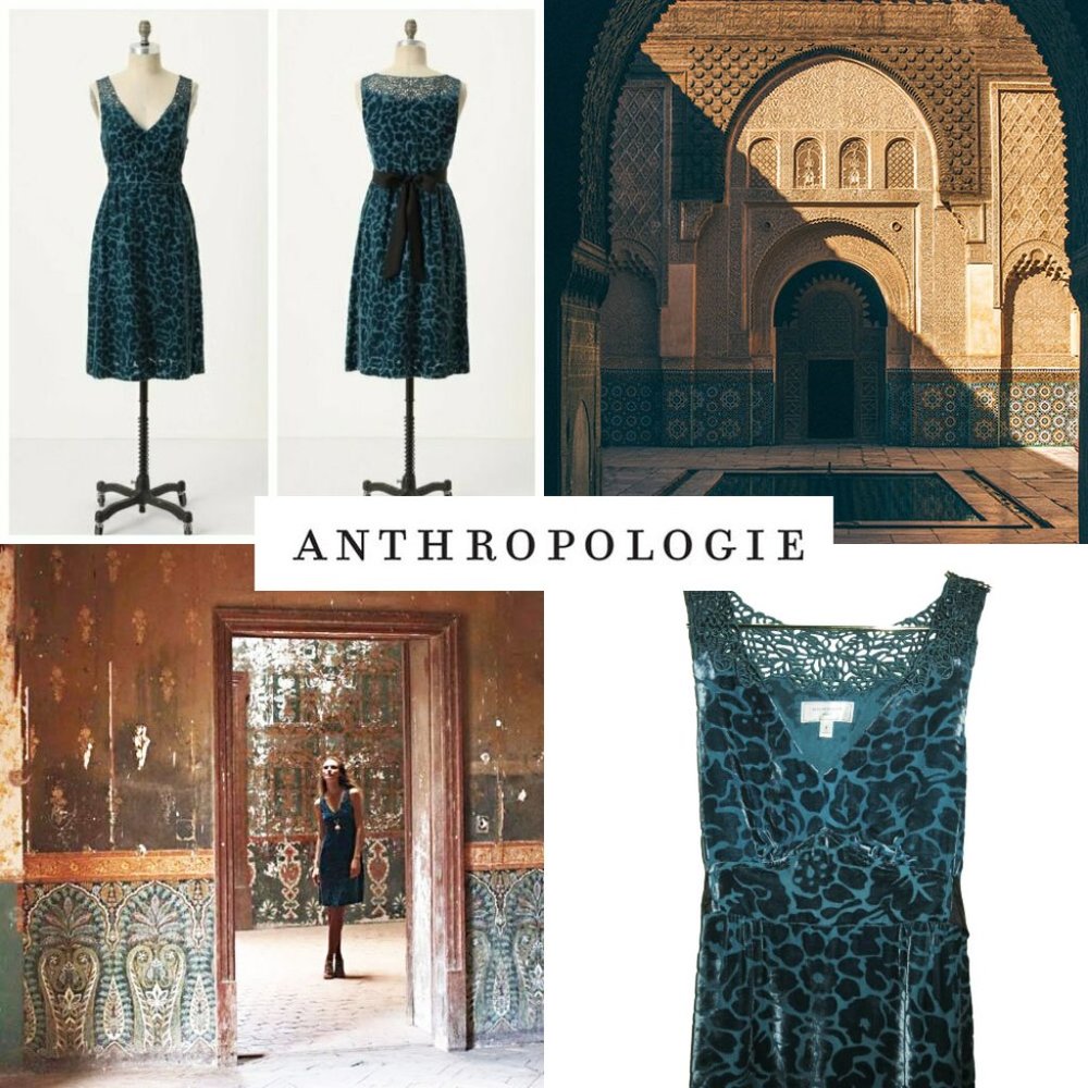 ANTHROPOLOGIE Moulinette Soeurs Silk-Blend Matilija Dress in Teal Burnout Velvet